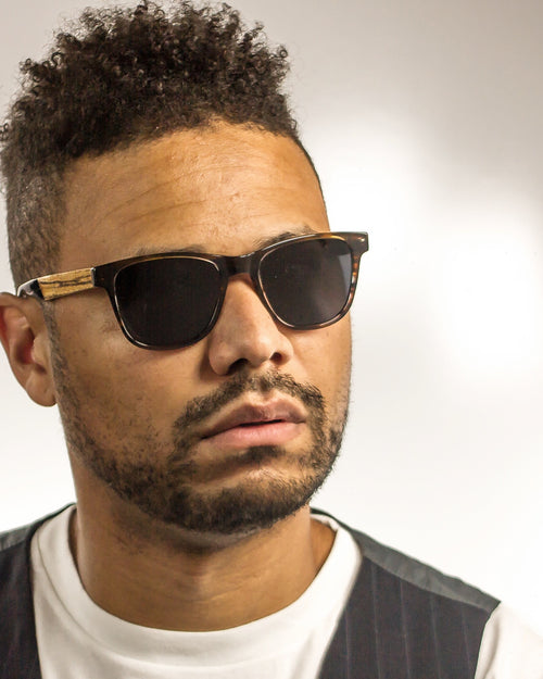 Eagle Peak Polarized Wood Acetate Sunglasses worn by a customer model