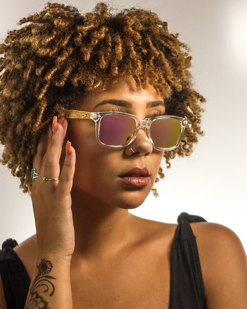 Laguna Polarized Bamboo Sunglasses worn by a customer model