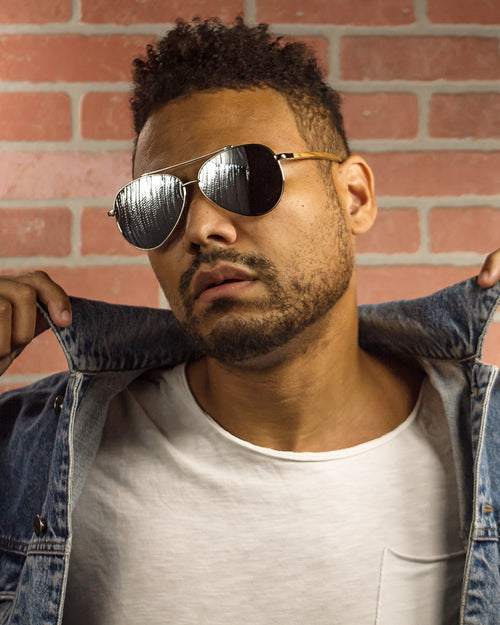 Silver Lake Polarized Aviator Walnut Wood Sunglasses worn by a customer model