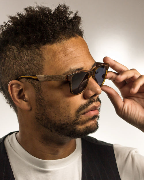 Huntington Beach Polarized Square Walnut Wood Sunglasses worn by a customer model
