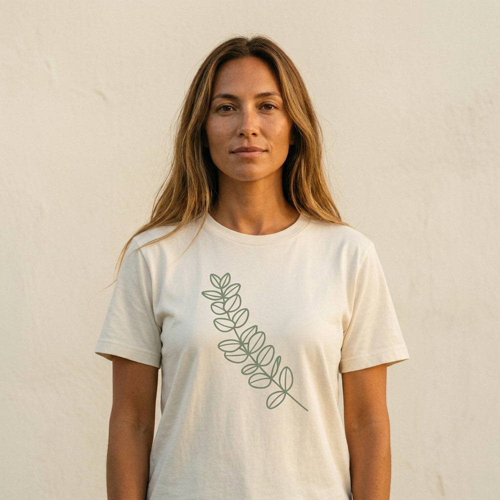 Eucalyptus Sprig Tee front view. Cali Life Co. California apparel, designed in San Diego