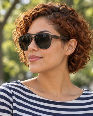 North Beach polarized sunglasses worn by a woman in a San Francisco park