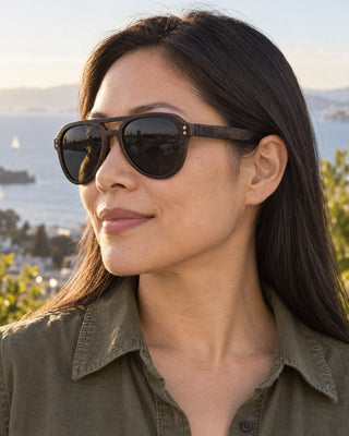 North Beach polarized sunglasses worn by a woman at a Telegraph Hill viewpoint in San Francisco