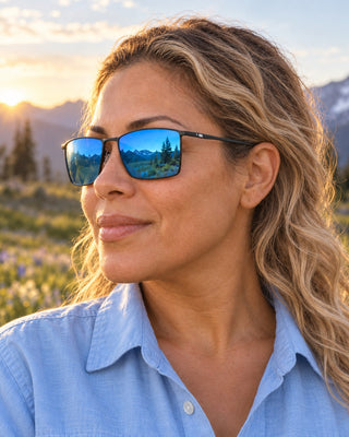 Pacific Crest polarized sunglasses worn by a woman on a high mountain section of the Pacific Crest Trail