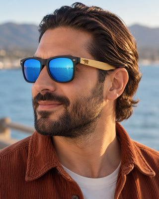 Santa Barbara polarized sunglasses worn by a man on Stearns Wharf in Santa Barbara