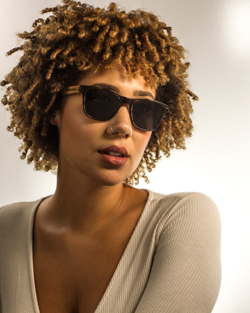 Eagle Peak Polarized Wood Acetate Sunglasses worn by a customer model