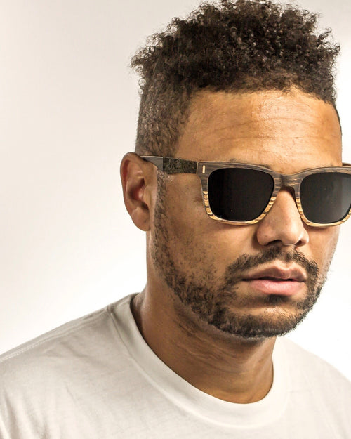 Gold Country Polarized Round Wood Sunglasses worn by a customer model